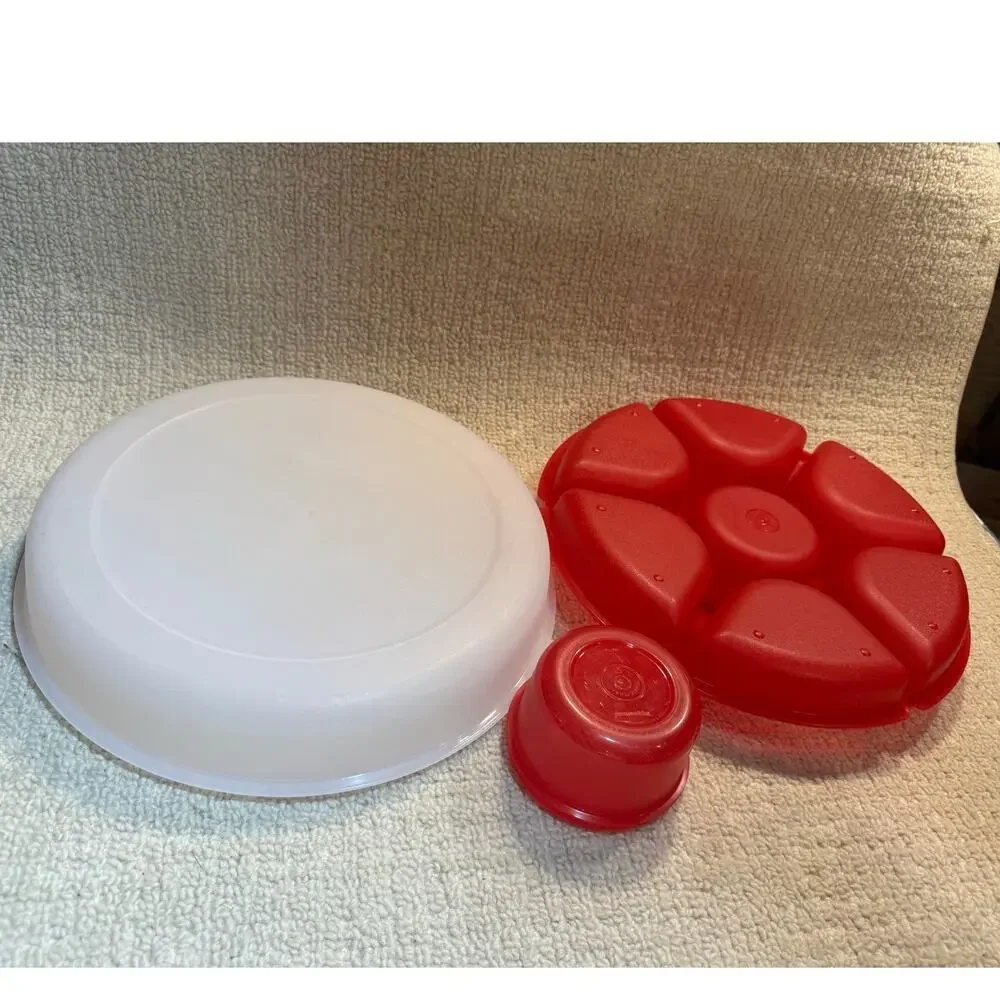 Tupperware Serving Center Chip & Dip Divided Tray Set Veggie Snack Dip Sheer Red